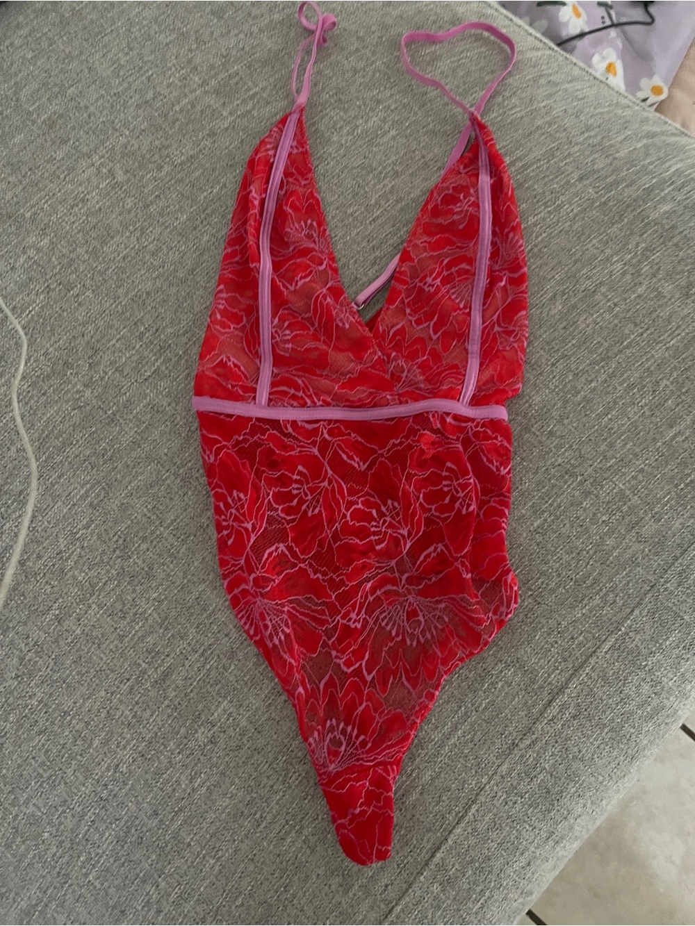 Auden Red Lace V-Neck Women's Sexy Bodysuit